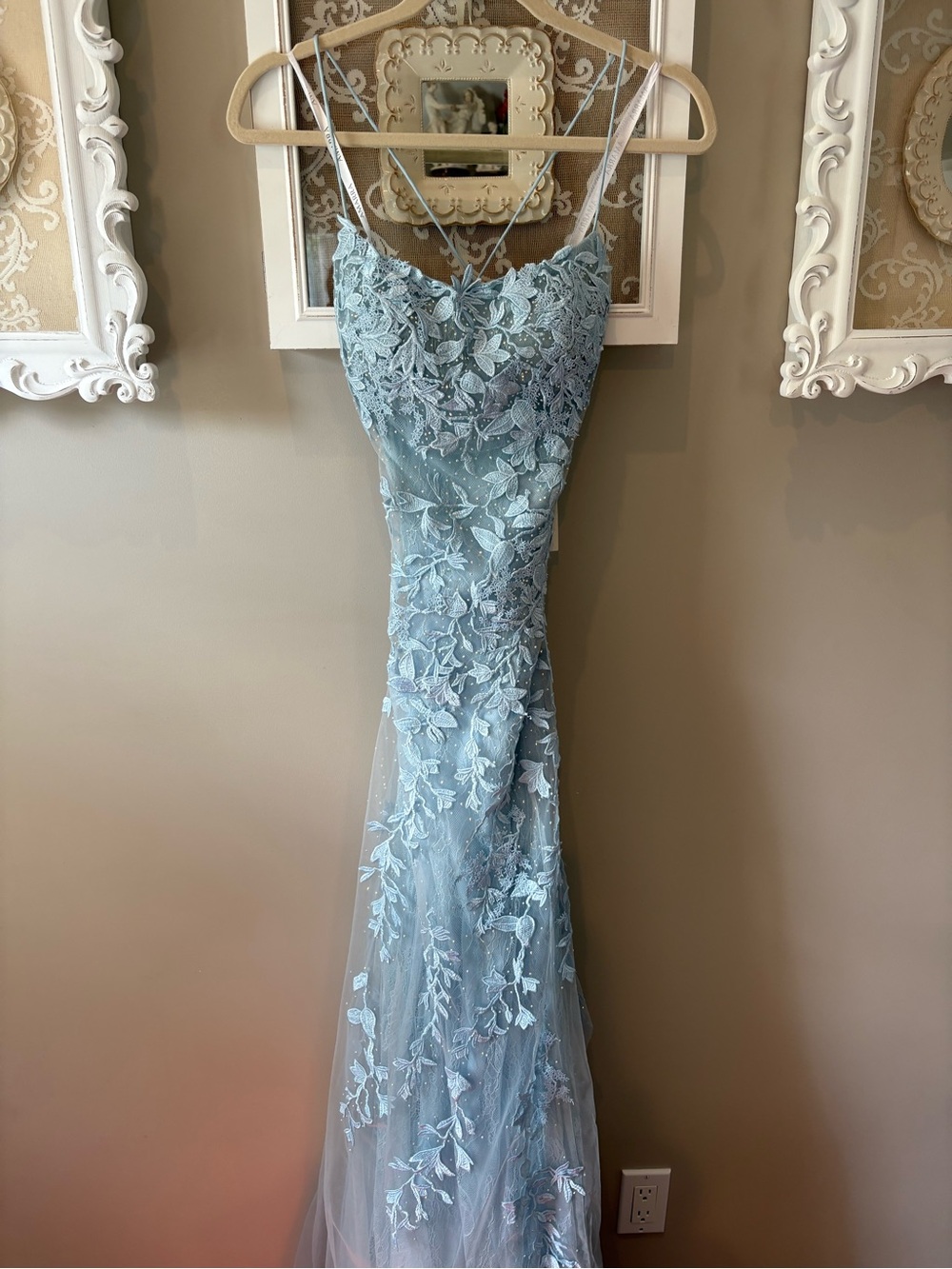 Light Blue Floral Lace Prom Gown with Spaghetti Straps